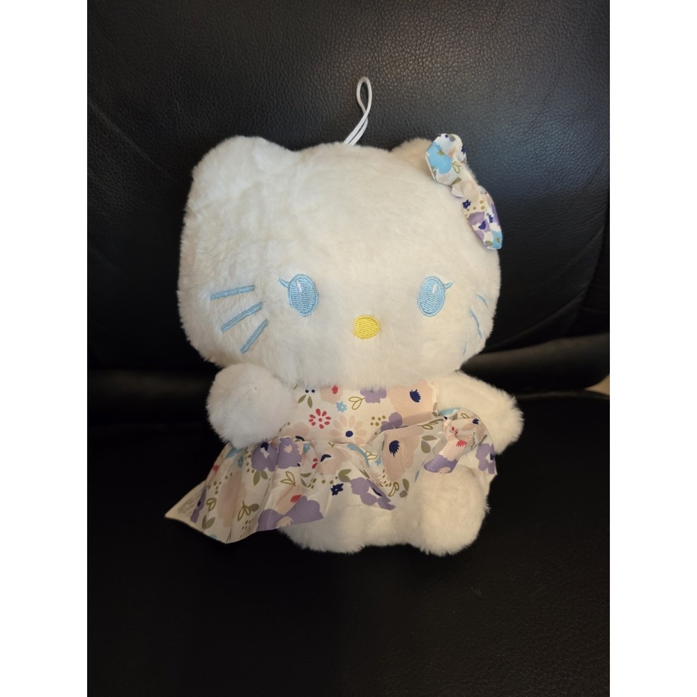 Hello Kitty Plush With Tag. Floral Dress With Purple Flowers 9"